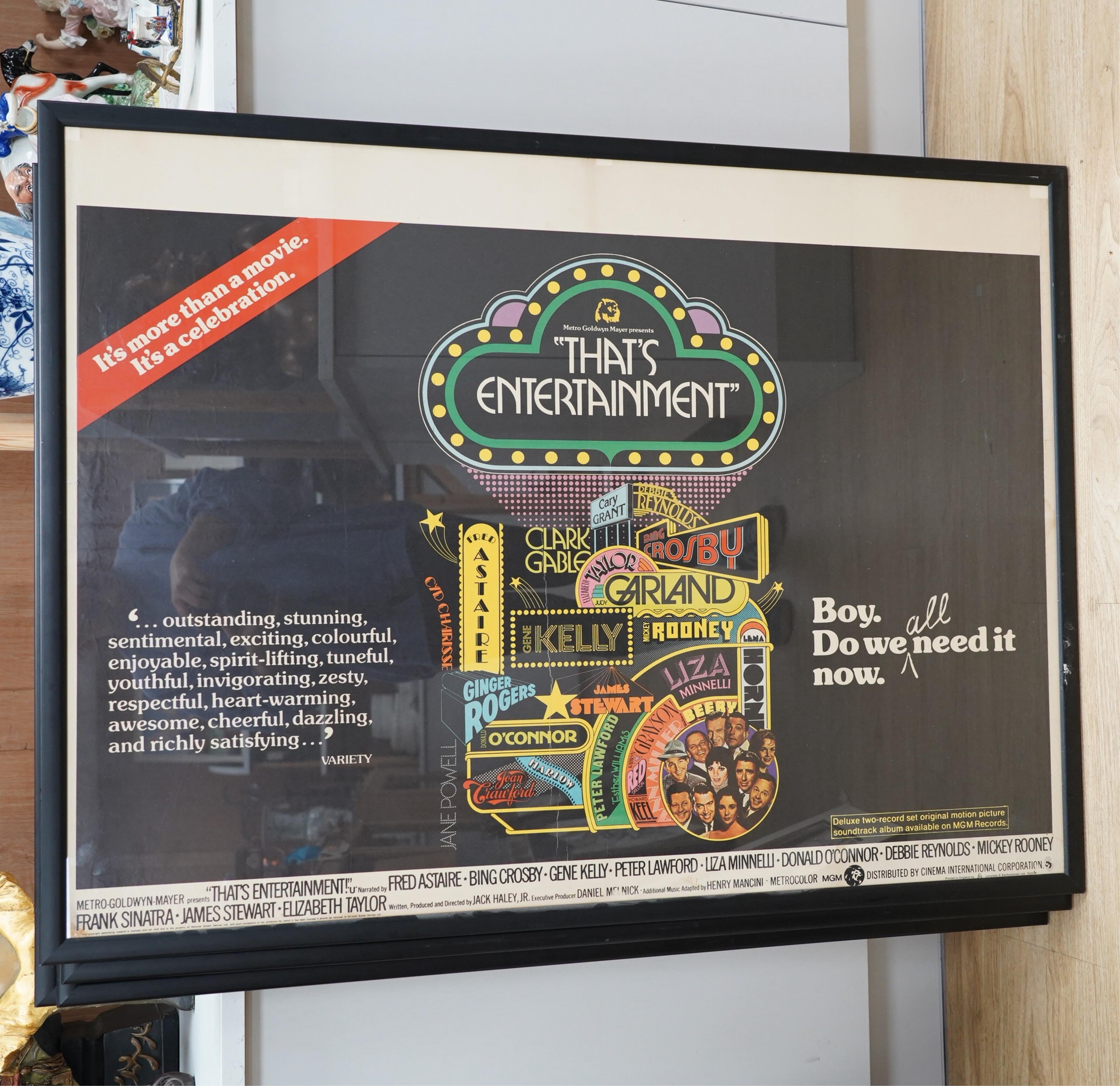 Four framed vintage film posters including ‘Oh! What a Lovely War’ printed in England by Lonsdale & Bartholomew and one reproduction, largest 75cm x 100cm. Condition - fair